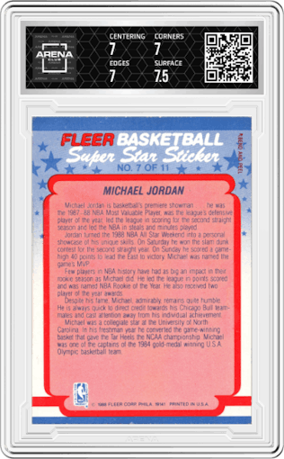 Michael Jordan from the 1988-89 Fleer set graded by Arena Club and given an overall grade of 7.