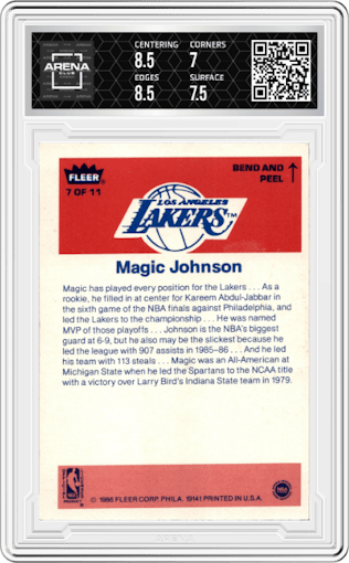 Magic Johnson from the 1986-87 Fleer set graded by Arena Club and given an overall grade of 7.5.