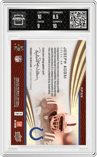 Joseph Addai from the 2008 Upper Deck Premier  set graded by Arena Club and given an overall grade of 9.