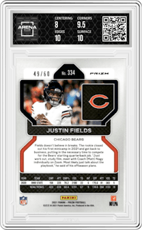 Justin Fields from the 2021 Panini Prizm set featuring a Orange Wave parallel graded by Arena Club and given an overall grade of 8.5.