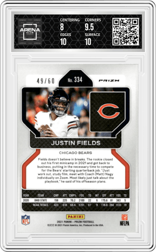 Justin Fields from the 2021 Panini Prizm set featuring a Orange Wave parallel graded by Arena Club and given an overall grade of 8.5.