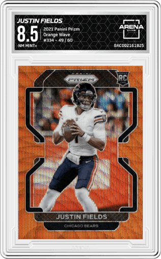 Justin Fields from the 2021 Panini Prizm set featuring a Orange Wave parallel graded by Arena Club and given an overall grade of 8.5.