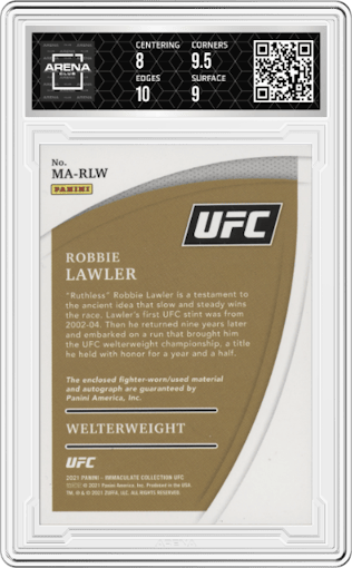 Robbie Lawler from the 2021 Panini Immaculate UFC  set graded by Arena Club and given an overall grade of 8.5.