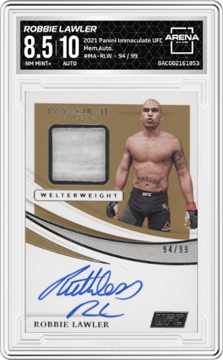 Robbie Lawler from the 2021 Panini Immaculate UFC  set graded by Arena Club and given an overall grade of 8.5.