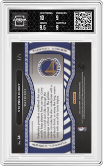 Stephen Curry from the 2022-23 Panini Obsidian set featuring a Electric Etch Red parallel graded by Arena Club and given an overall grade of 9.5.