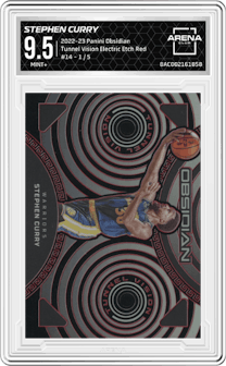Stephen Curry from the 2022-23 Panini Obsidian set featuring a Electric Etch Red parallel graded by Arena Club and given an overall grade of 9.5.