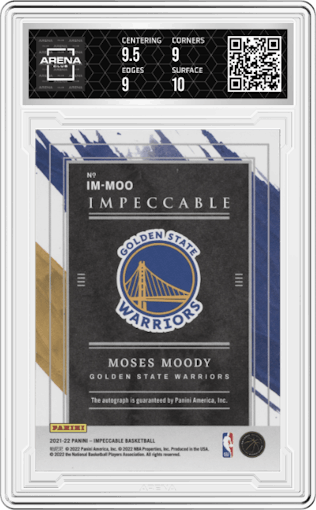 Moses Moody from the 2021-22 Panini Impeccable  set graded by Arena Club and given an overall grade of 9.5.