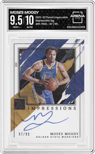 Moses Moody from the 2021-22 Panini Impeccable  set graded by Arena Club and given an overall grade of 9.5.