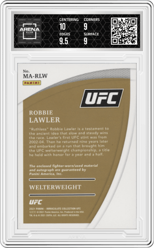 Robbie Lawler from the 2021 Panini Immaculate UFC  set graded by Arena Club and given an overall grade of 9.5.