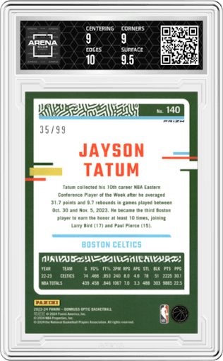 Jayson Tatum from the 2023-24 Donruss Optic set featuring a Copper Glitter parallel graded by Arena Club and given an overall grade of 9.5.