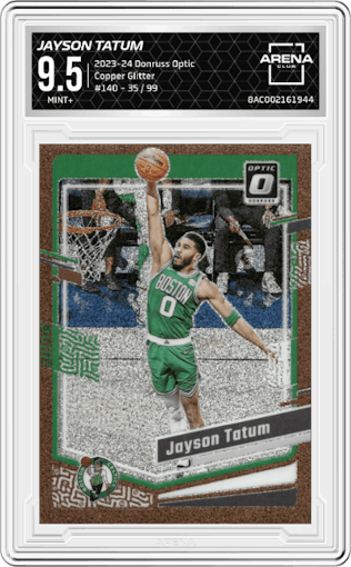 Jayson Tatum from the 2023-24 Donruss Optic set featuring a Copper Glitter parallel graded by Arena Club and given an overall grade of 9.5.