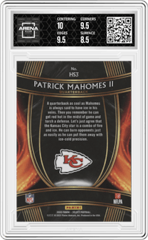 Patrick Mahomes II from the 2020 Panini Select set graded by Arena Club and given an overall grade of 9.