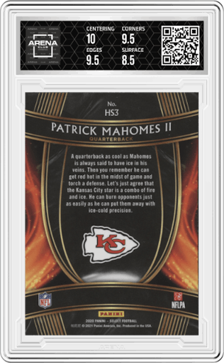 Patrick Mahomes II from the 2020 Panini Select set graded by Arena Club and given an overall grade of 9.
