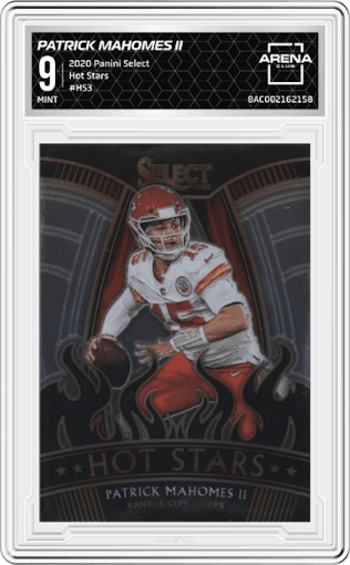 Patrick Mahomes II from the 2020 Panini Select set graded by Arena Club and given an overall grade of 9.