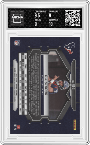 C.J. Stroud  from the 2023 Panini Mosaic set featuring a Reactive Blue parallel graded by Arena Club and given an overall grade of 9.5.