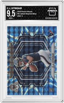 C.J. Stroud  from the 2023 Panini Mosaic set featuring a Reactive Blue parallel graded by Arena Club and given an overall grade of 9.5.