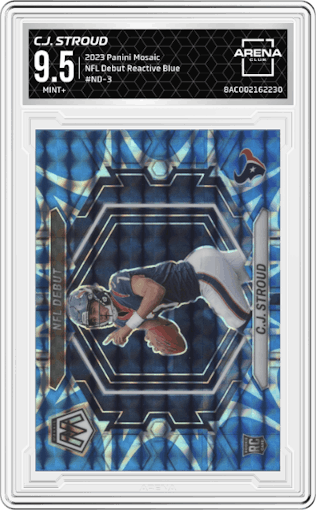 C.J. Stroud  from the 2023 Panini Mosaic set featuring a Reactive Blue parallel graded by Arena Club and given an overall grade of 9.5.