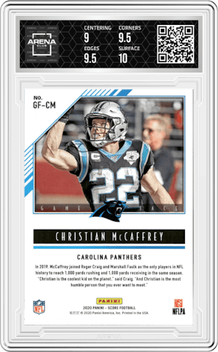 Christian McCaffrey from the 2020 Panini Score set graded by Arena Club and given an overall grade of 9.5.