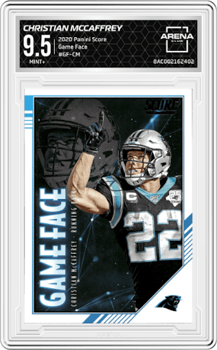 Christian McCaffrey from the 2020 Panini Score set graded by Arena Club and given an overall grade of 9.5.