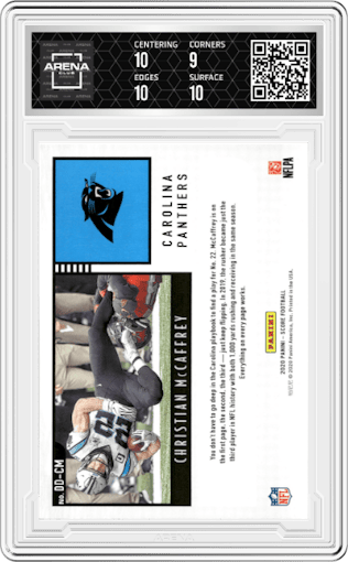 Christian McCaffrey from the 2020 Panini Score set graded by Arena Club and given an overall grade of 9.5.