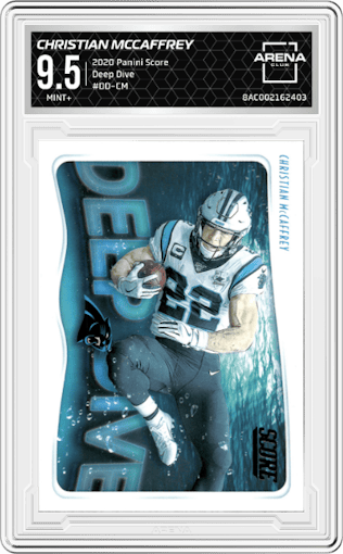 Christian McCaffrey from the 2020 Panini Score set graded by Arena Club and given an overall grade of 9.5.
