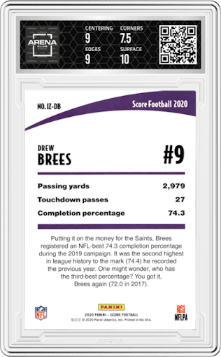 Drew Brees from the 2020 Panini Score set graded by Arena Club and given an overall grade of 8.