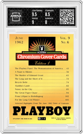 June 1962 from the 1995 Playboy Chromium Cover Cards set graded by Arena Club and given an overall grade of 8.5.