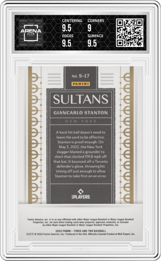 Giancarlo Stanton from the 2022 Panini Three & Two set graded by Arena Club and given an overall grade of 9.5.