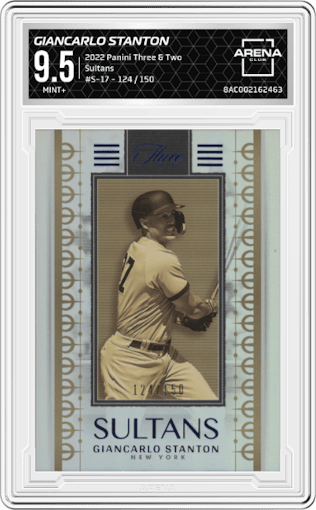 Giancarlo Stanton from the 2022 Panini Three & Two set graded by Arena Club and given an overall grade of 9.5.