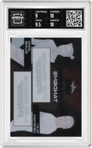 Riley Newman/Jessie Irvine from the 2024 Leaf Metal Pickleball set featuring a Pre-Production Proof Clear Unsigned parallel graded by Arena Club and given an overall grade of 9.5.
