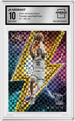 Ja Morant from the 2023-24 Panini Select  set featuring a Gold Prizm parallel graded by Arena Club and given an overall grade of 10.
