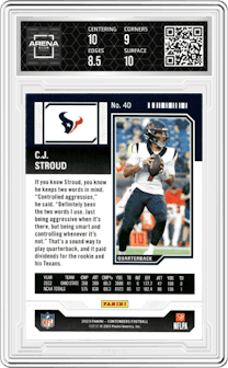 C.J. Stroud from the 2023 Panini Contenders set featuring a Game Ticket Blue parallel graded by Arena Club and given an overall grade of 9.