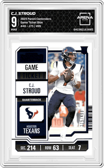 C.J. Stroud from the 2023 Panini Contenders set featuring a Game Ticket Blue parallel graded by Arena Club and given an overall grade of 9.