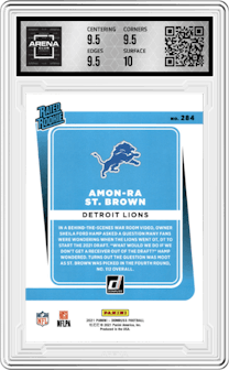 Amon-Ra St. Brown from the 2021 Panini Donruss set graded by Arena Club and given an overall grade of 10.