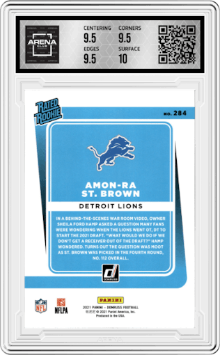 Amon-Ra St. Brown from the 2021 Panini Donruss set graded by Arena Club and given an overall grade of 10.