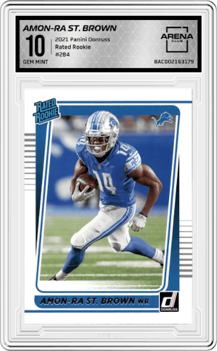 Amon-Ra St. Brown from the 2021 Panini Donruss set graded by Arena Club and given an overall grade of 10.