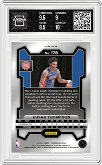 Ausar Thompson from the 2023-24 Panini Prizm set featuring a Orange Ice parallel graded by Arena Club and given an overall grade of 9.
