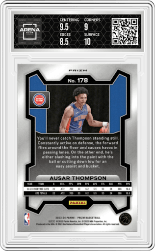 Ausar Thompson from the 2023-24 Panini Prizm set featuring a Orange Ice parallel graded by Arena Club and given an overall grade of 9.