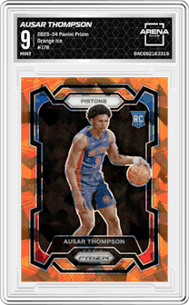 Ausar Thompson from the 2023-24 Panini Prizm set featuring a Orange Ice parallel graded by Arena Club and given an overall grade of 9.