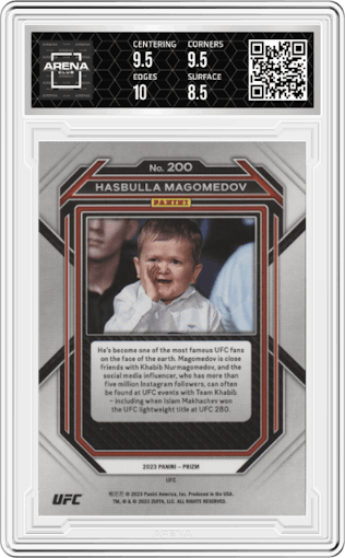 Hasbulla Magomedov  from the 2023 Panini Prizm UFC set graded by Arena Club and given an overall grade of 9.