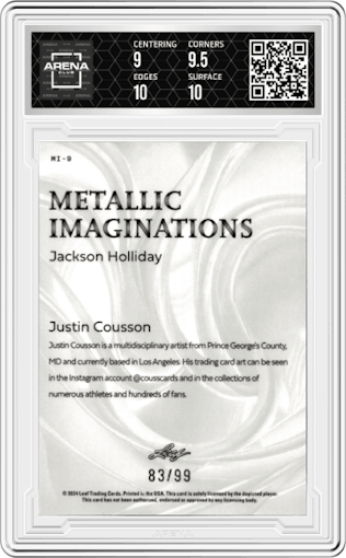 Jackson Holliday from the 2024 Leaf Metallic Imaginations set featuring a Gold parallel graded by Arena Club and given an overall grade of 9.5.