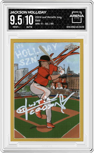 Jackson Holliday from the 2024 Leaf Metallic Imaginations set featuring a Gold parallel graded by Arena Club and given an overall grade of 9.5.