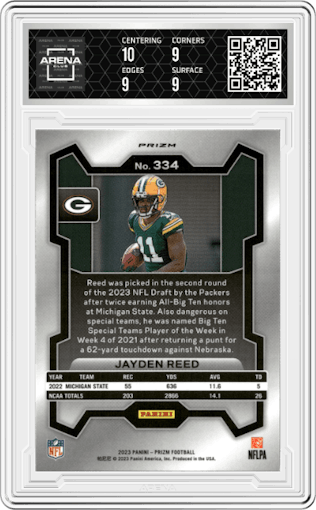 Jayden Reed from the 2023 Panini Prizm set featuring a Silver Prizm parallel graded by Arena Club and given an overall grade of 9.5.