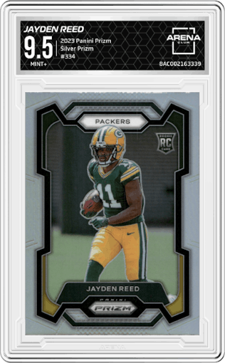 Jayden Reed from the 2023 Panini Prizm set featuring a Silver Prizm parallel graded by Arena Club and given an overall grade of 9.5.