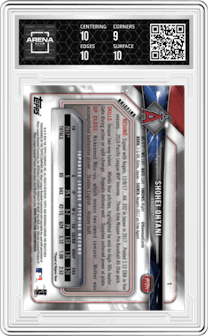 Shohei Ohtani from the 2018 Bowman Chrome set graded by Arena Club and given an overall grade of 9.5.
