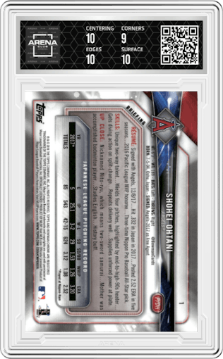 Shohei Ohtani from the 2018 Bowman Chrome set graded by Arena Club and given an overall grade of 9.5.