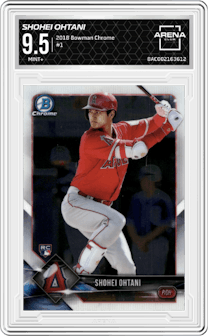 Shohei Ohtani from the 2018 Bowman Chrome set graded by Arena Club and given an overall grade of 9.5.