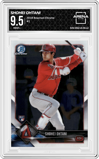 Shohei Ohtani from the 2018 Bowman Chrome set graded by Arena Club and given an overall grade of 9.5.