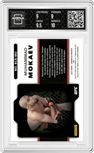 Muhammad Mokaev from the 2023 Panini Chronicles set featuring a Color Blast parallel graded by Arena Club and given an overall grade of 9.5.