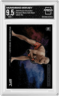 Muhammad Mokaev from the 2023 Panini Chronicles set featuring a Color Blast parallel graded by Arena Club and given an overall grade of 9.5.